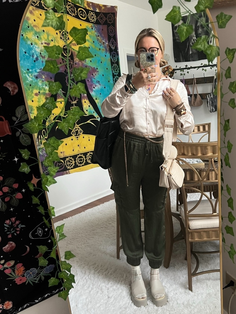 💌 VINTAGE 💌 Sadie & Sage Satin Olive Green Cargo Baggie High Waisted Pants
